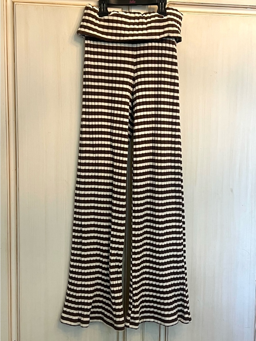 HIMLAND Brown White Striped Foldover Ribbed Knit Flare Pant Loungewear XS Petite